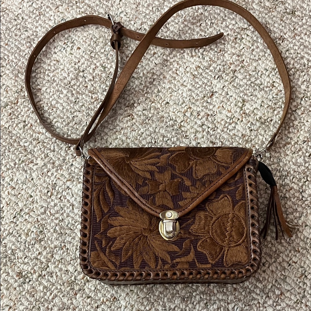 Brown Floral Leather Crossbody Bag